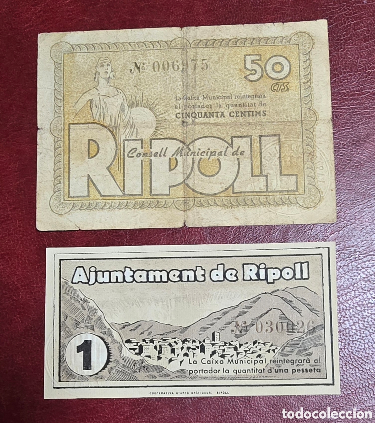 Billetes locales: Lote de 2 Billetes locales de Ripoll 0,50 y 1 pts 1937