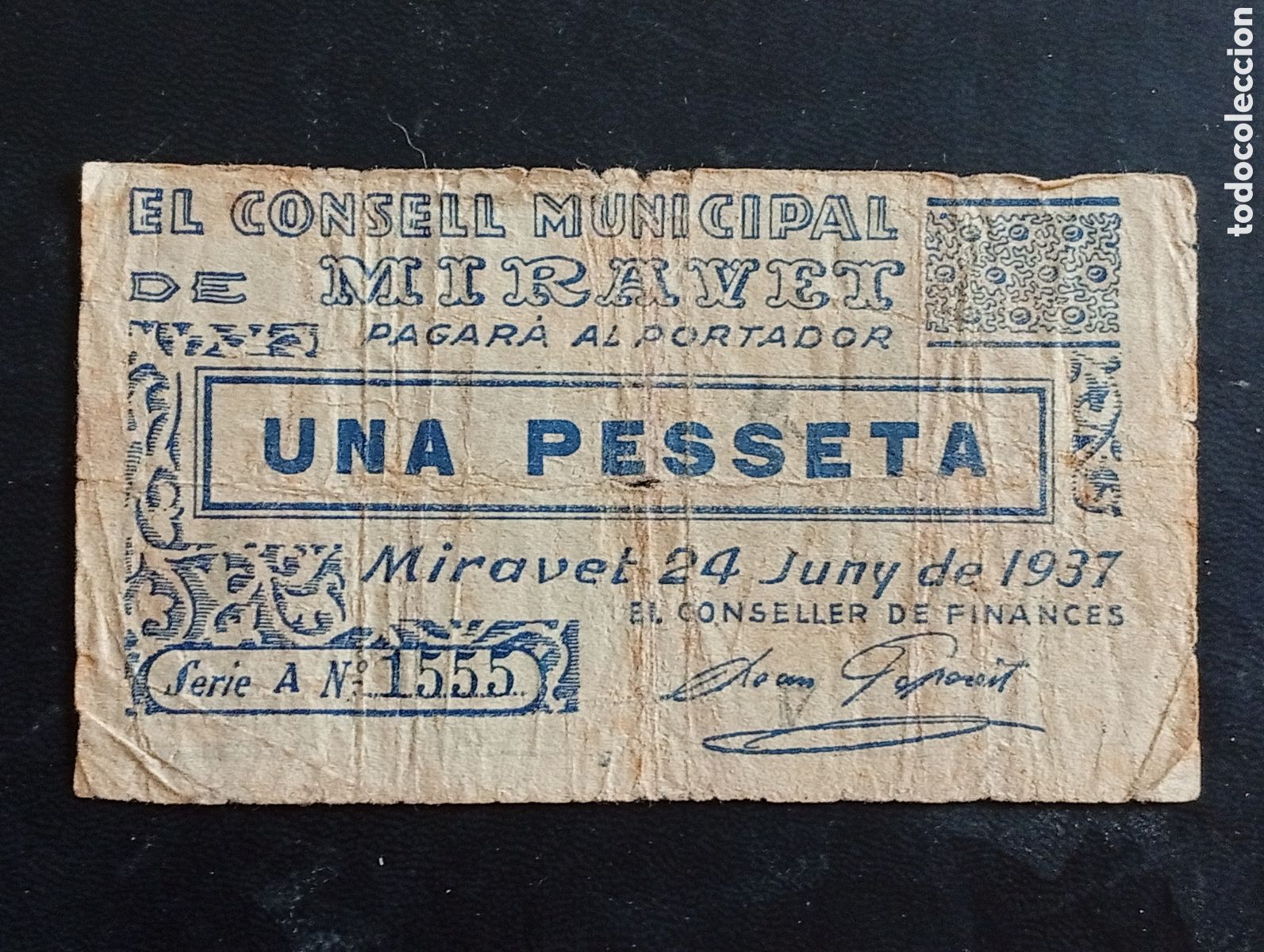 Billetes locales: Billete de 1 peseta Miravet 1937 Tarragona