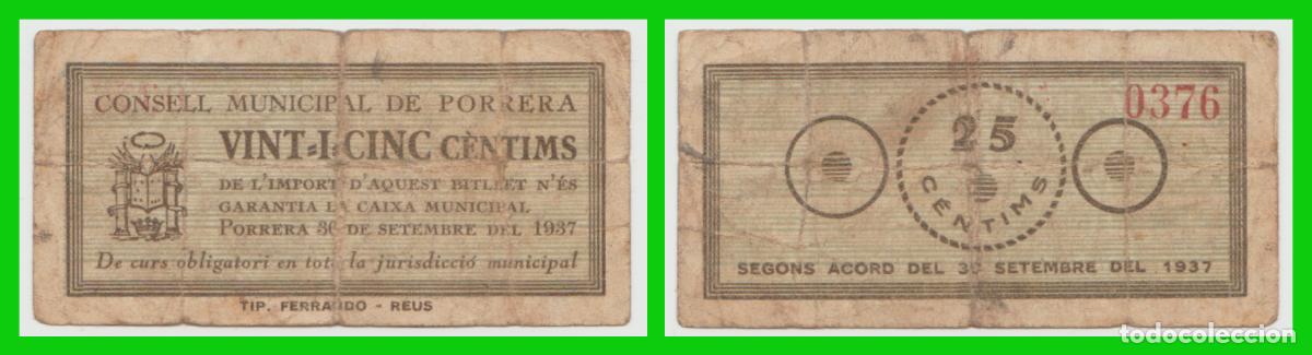 Billetes locales: Porrera (Tarragona) - 25 centimos - 3&ordf; Emision de 30 de Septiembre del 1937 - Serie 0.376