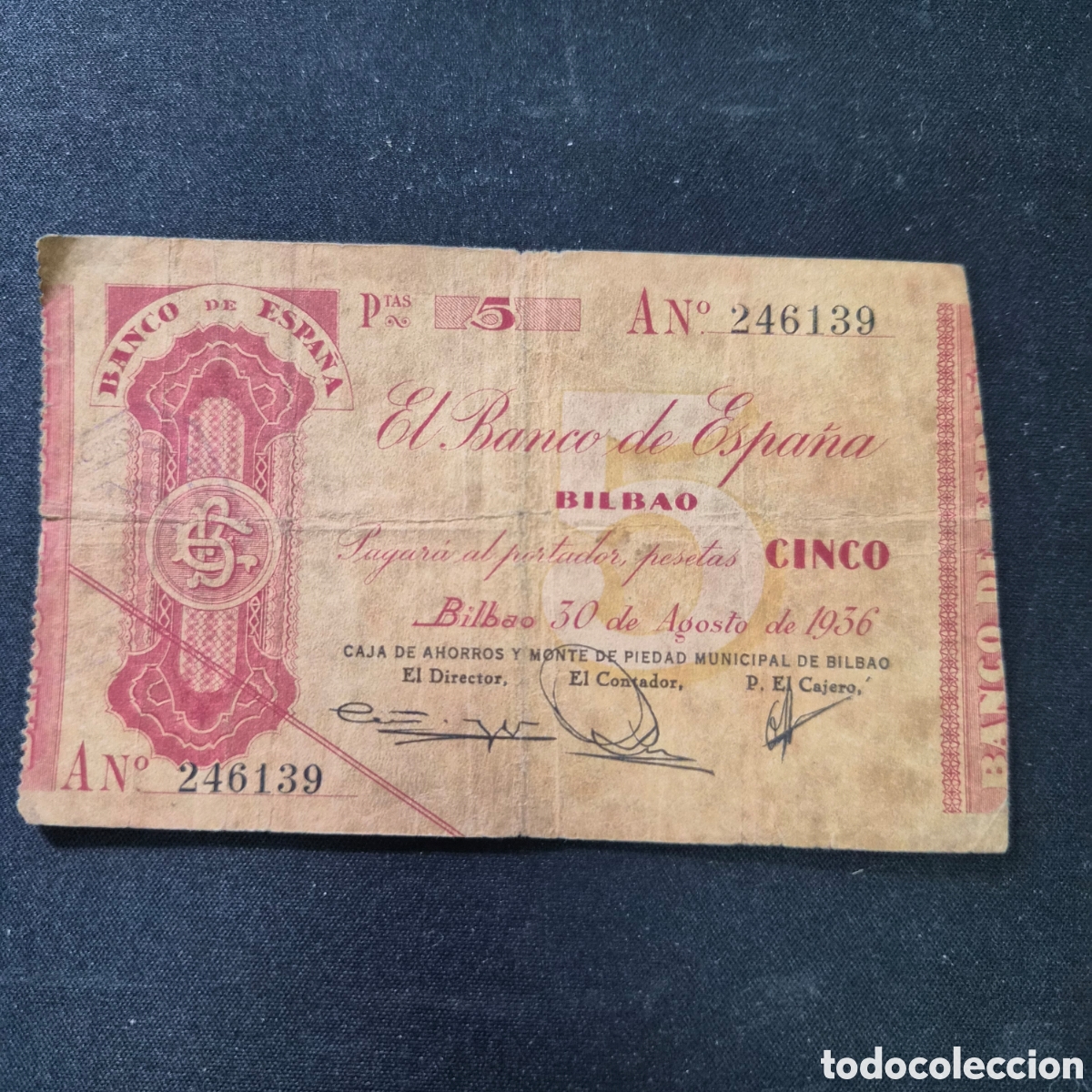 Billetes locales: Billete 5 pesetas emitido en Bilbao a&ntilde;o 1936