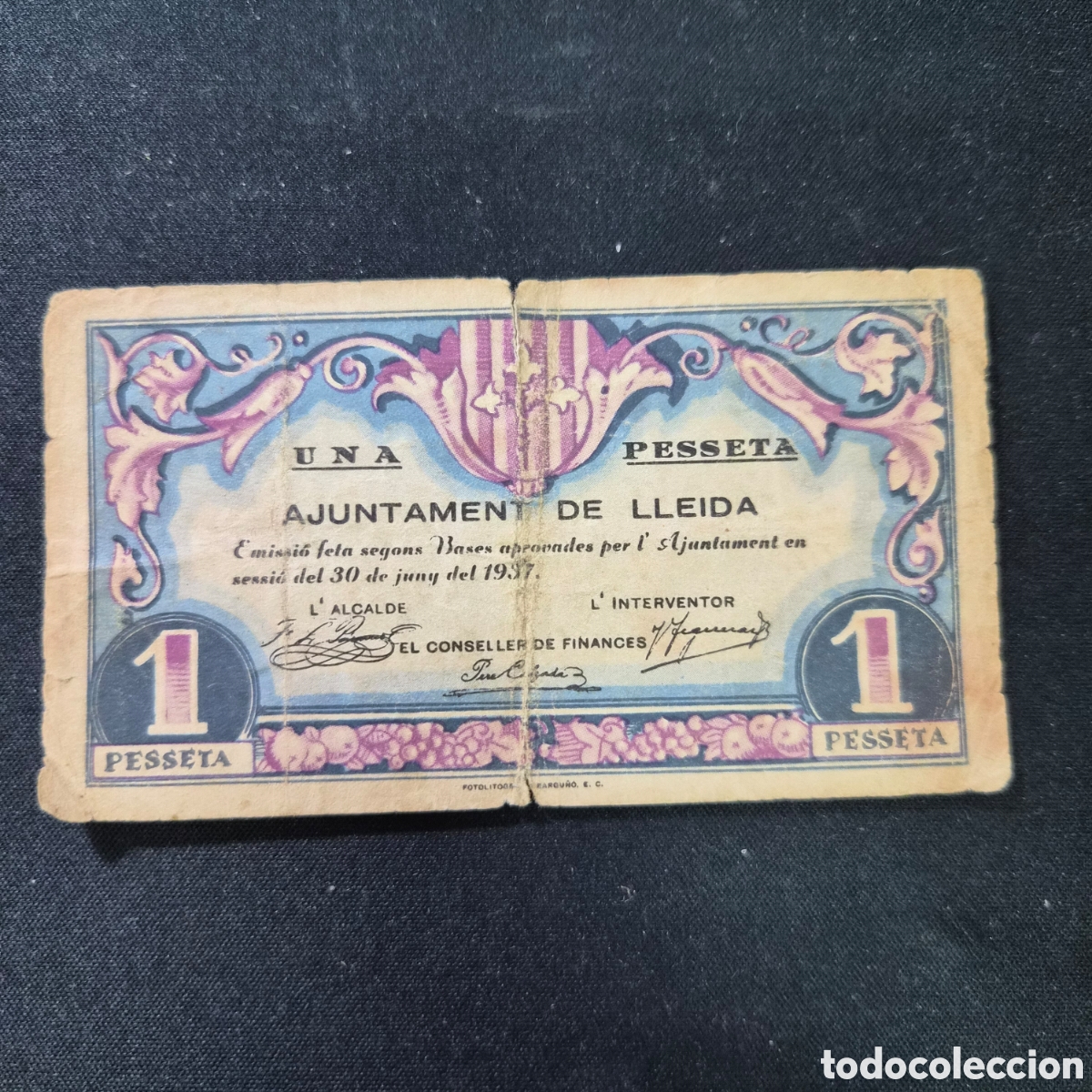 Billetes locales: Billete de 1 peseta Lleida a&ntilde;o 1937