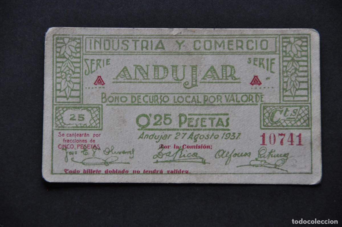 Billetes locales: BILLETE LOCAL - ANDUJAR (JAEN) - 0,25 PESETAS DE 1937 - INDUSTRIA Y COMERCIO SERIE A