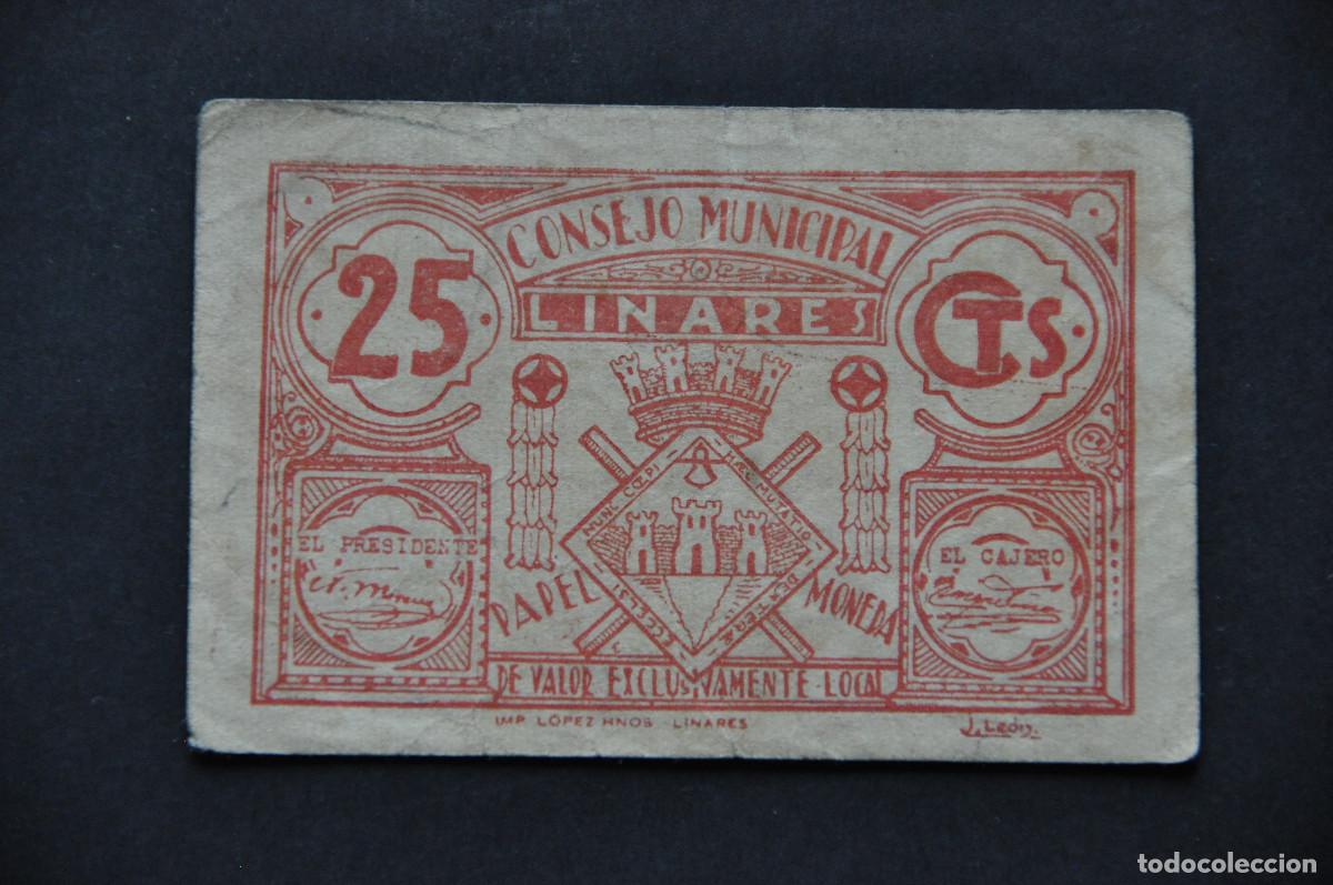 Billetes locales: BILLETE LOCAL - CONSEJO MUNICIPAL DE LINARES (JAEN) - 25 CENTIMOS - SELLO TINTADO EN REVERSO