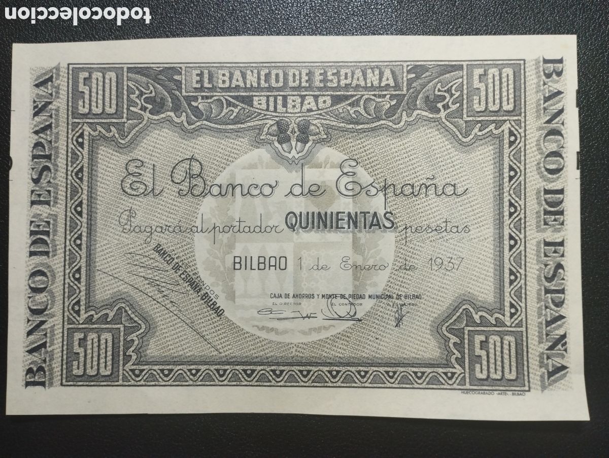 Billetes locales: Espa&ntilde;a 500 pesetas de Bilbao SC 1937