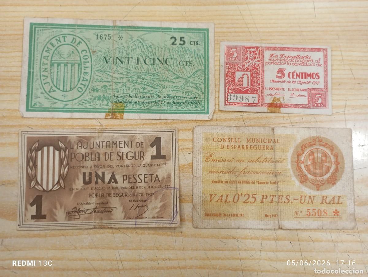 Billetes locales: LOTE 4 BILLETES DE GUERRA CIVIL .POBLA DE SEGUR ESPARRAGUERA GRAUS COLLBATO