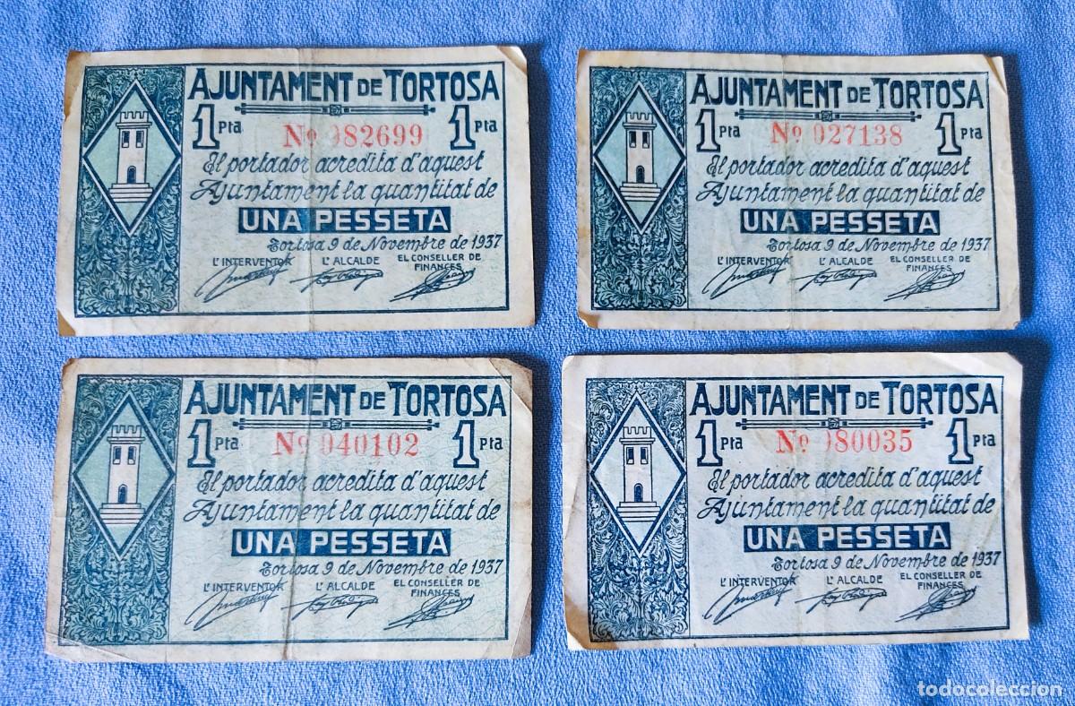 Billetes locales: 4 BILLETES LOCALES ORIGINALES DE AJUNTAMENT DE TORTOSA DE 1 PESETA A&Ntilde;O 1937