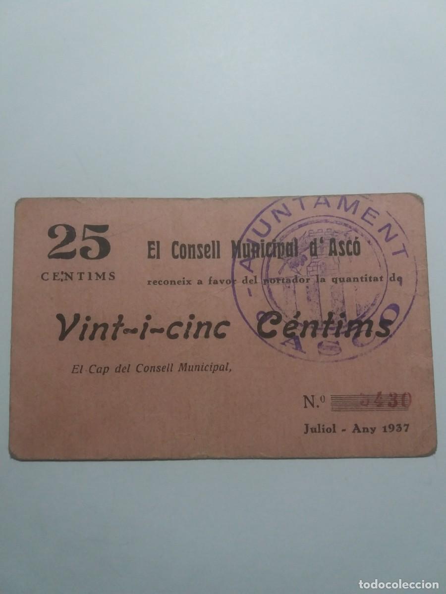 Billetes locales: Billete 25 C&egrave;ntims Ajuntament ASC&Oacute; Juliol 1937