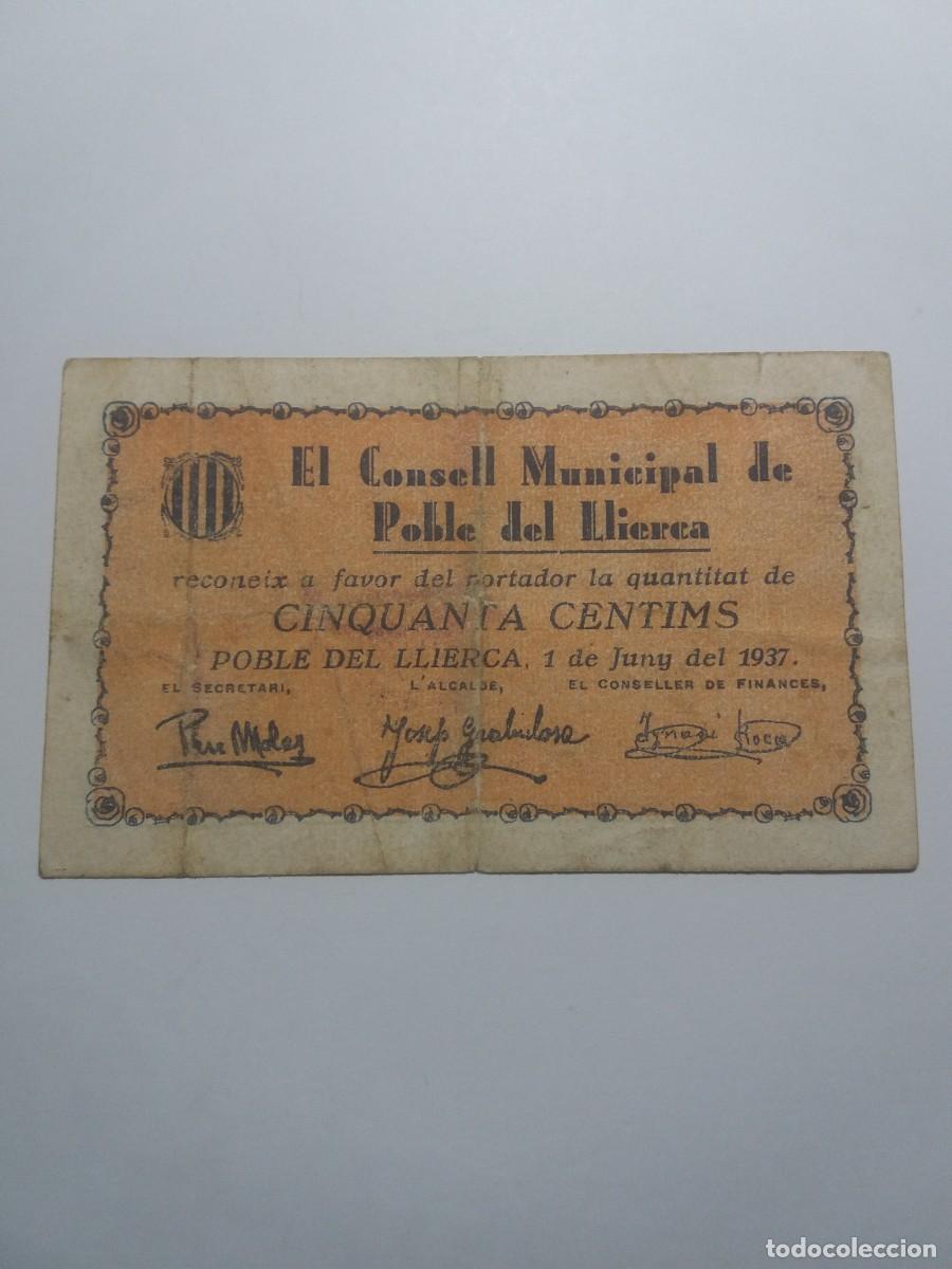 Billetes locales: Billete 50 C&egrave;ntims Consell Municipal POBLE DE LLIERCA 1 Juny 1937