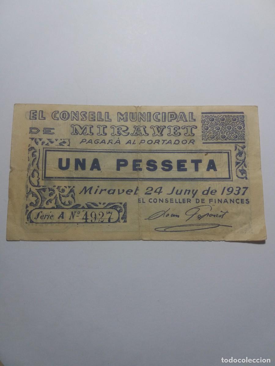 Billetes locales: Billete 1 Pesseta Consell Municipal MIRAVET 24 Juny 1937