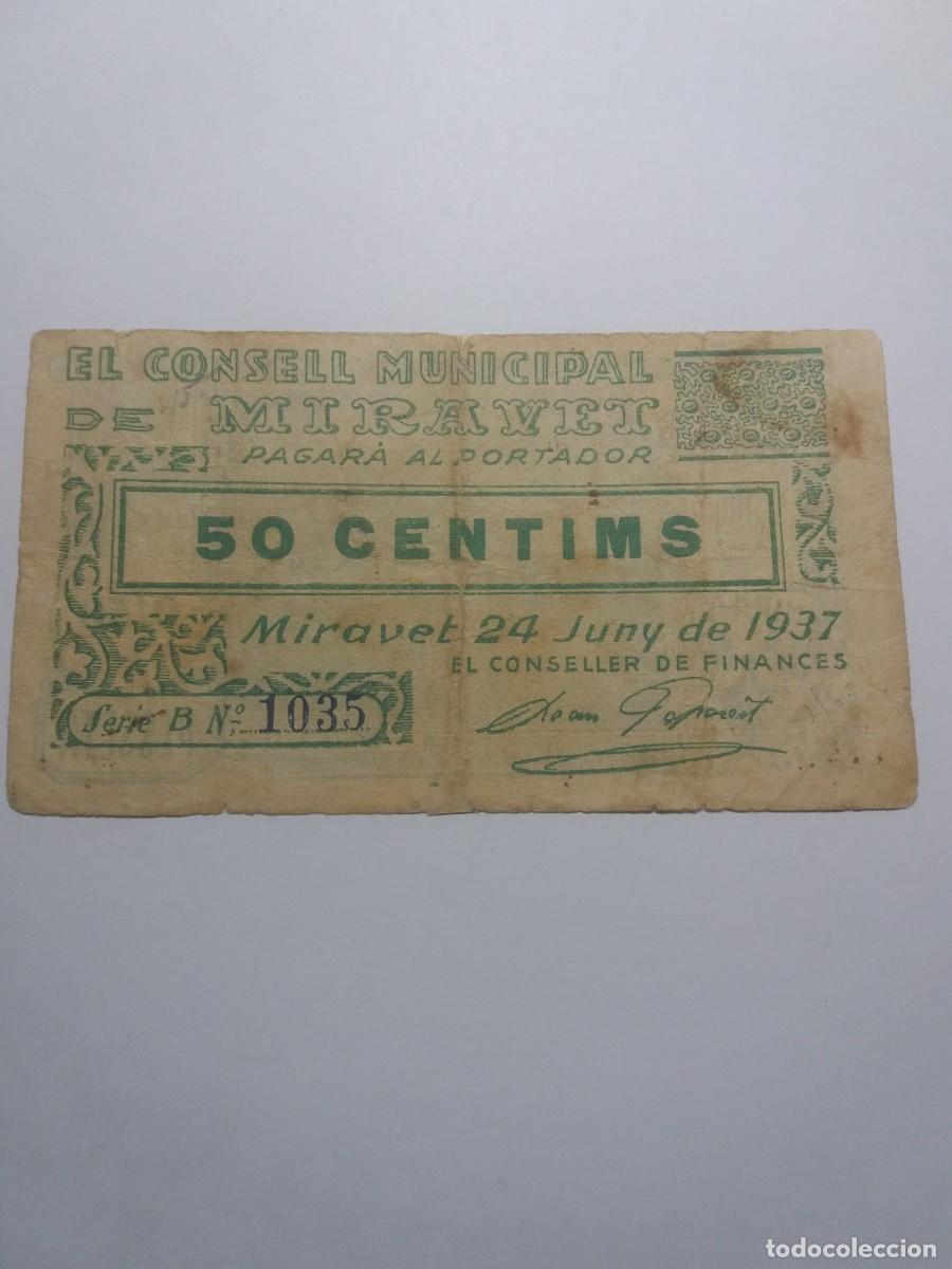 Billetes locales: Billete 50 C&egrave;ntims Consell Municipal MIRAVET 24 Juny 1937