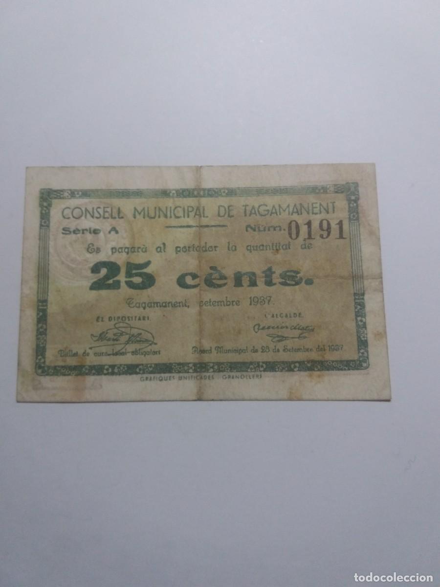Billetes locales: Billete 25 C&egrave;ntims Consell Municipal TAGAMANENT Setembre 1937