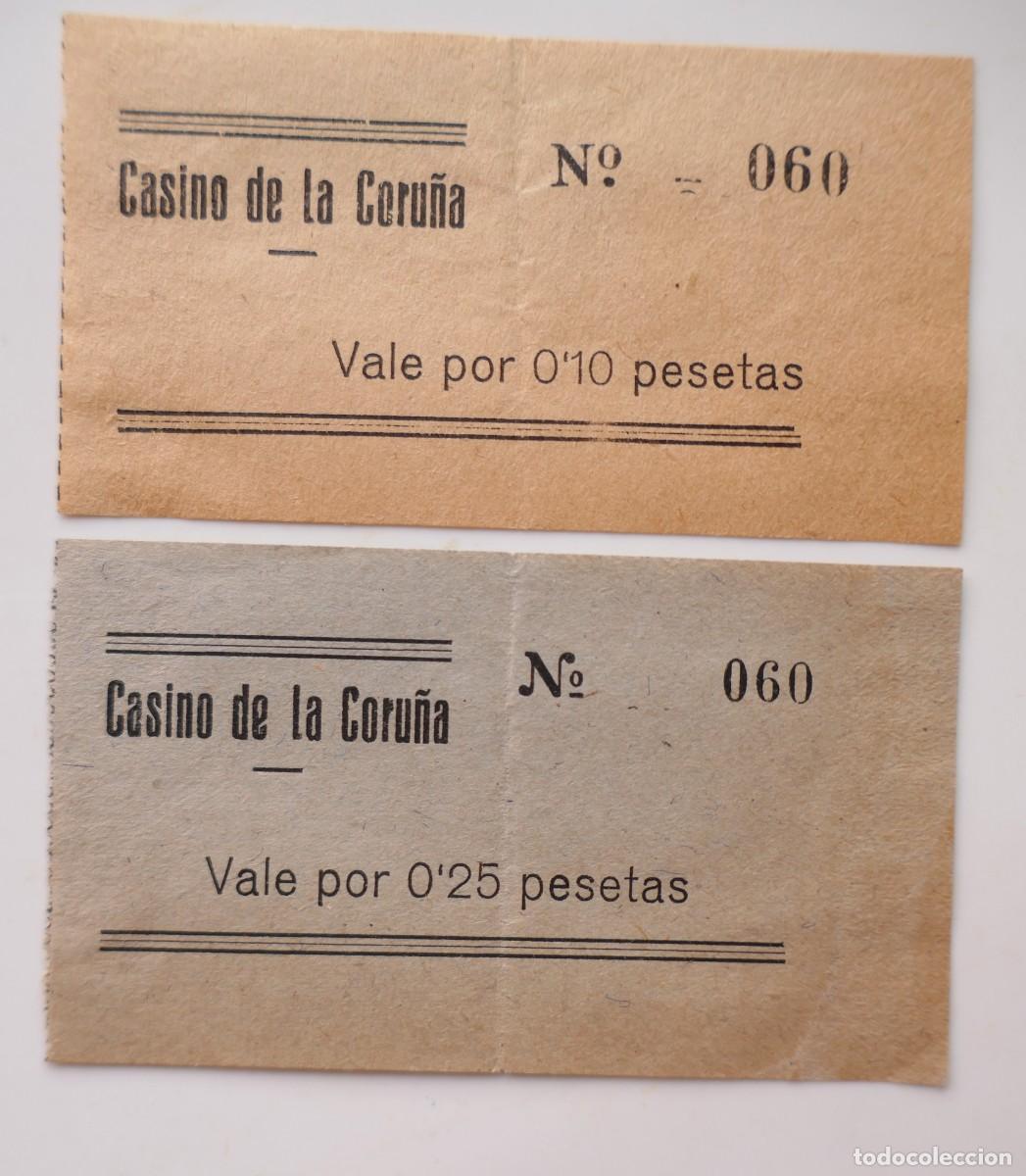 Billetes locales: CASINO DE LA CORU&Ntilde;A: DOS VALES DE 0,10 Y 0,25 PESETAS