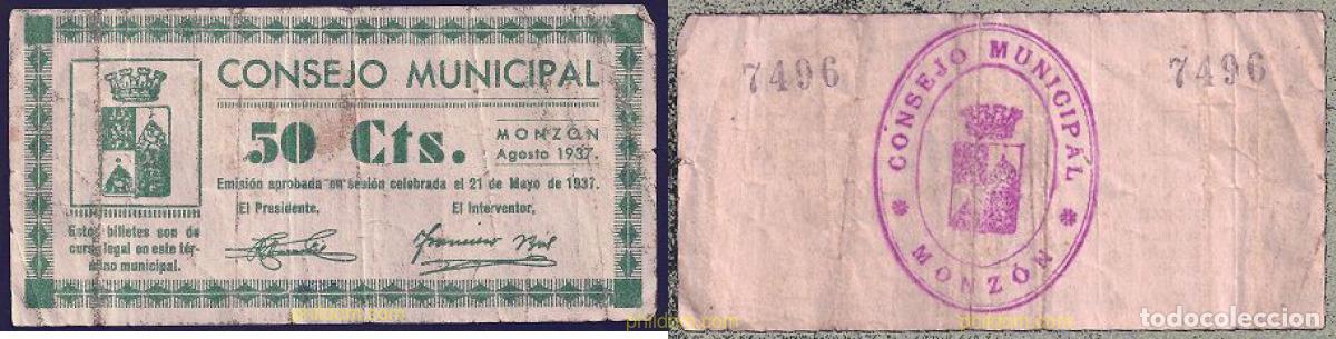 Billetes locales: 243 ESPA&Ntilde;A. Emisiones locales republicanas 1937 CONSEJO MUNICIPAL DE MONZON Fecha agosto 1937
