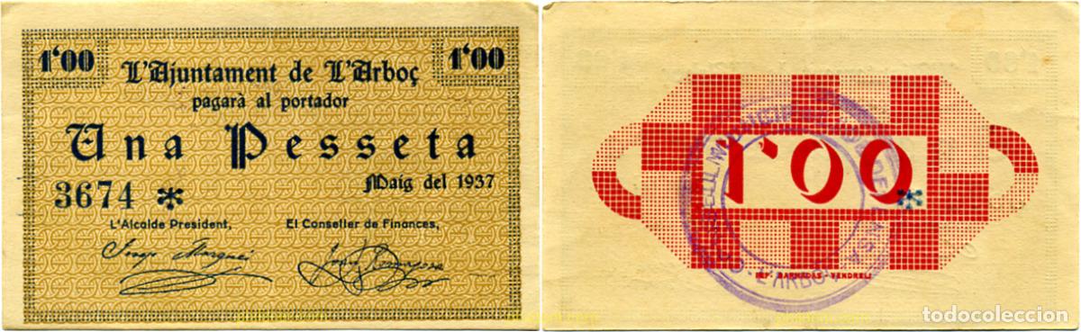 Billetes locales: 598 ESPA&Ntilde;A. Emisiones locales republicanas 1937 AJUNTAMENT DE L'ARBO&Ccedil; 1 PESETA 1937