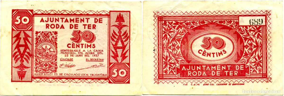 Billetes locales: 615 ESPA&Ntilde;A. Emisiones locales republicanas 1937 AJUNTAMENT RODA DE TER 50 CENTIMOS 1937