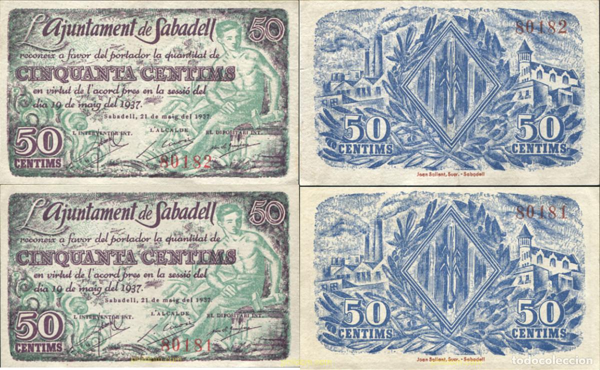 Billetes locales: 846 ESPA&Ntilde;A. Emisiones locales republicanas 1937 AJUNTAMENT DE SABADELL 50 CENTIMOS 1937