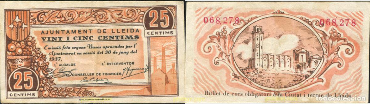 Billetes locales: 843 ESPA&Ntilde;A. Emisiones locales republicanas 1937 25 CENTIMOS AJUNTAMENT DE LLEIDA 1937