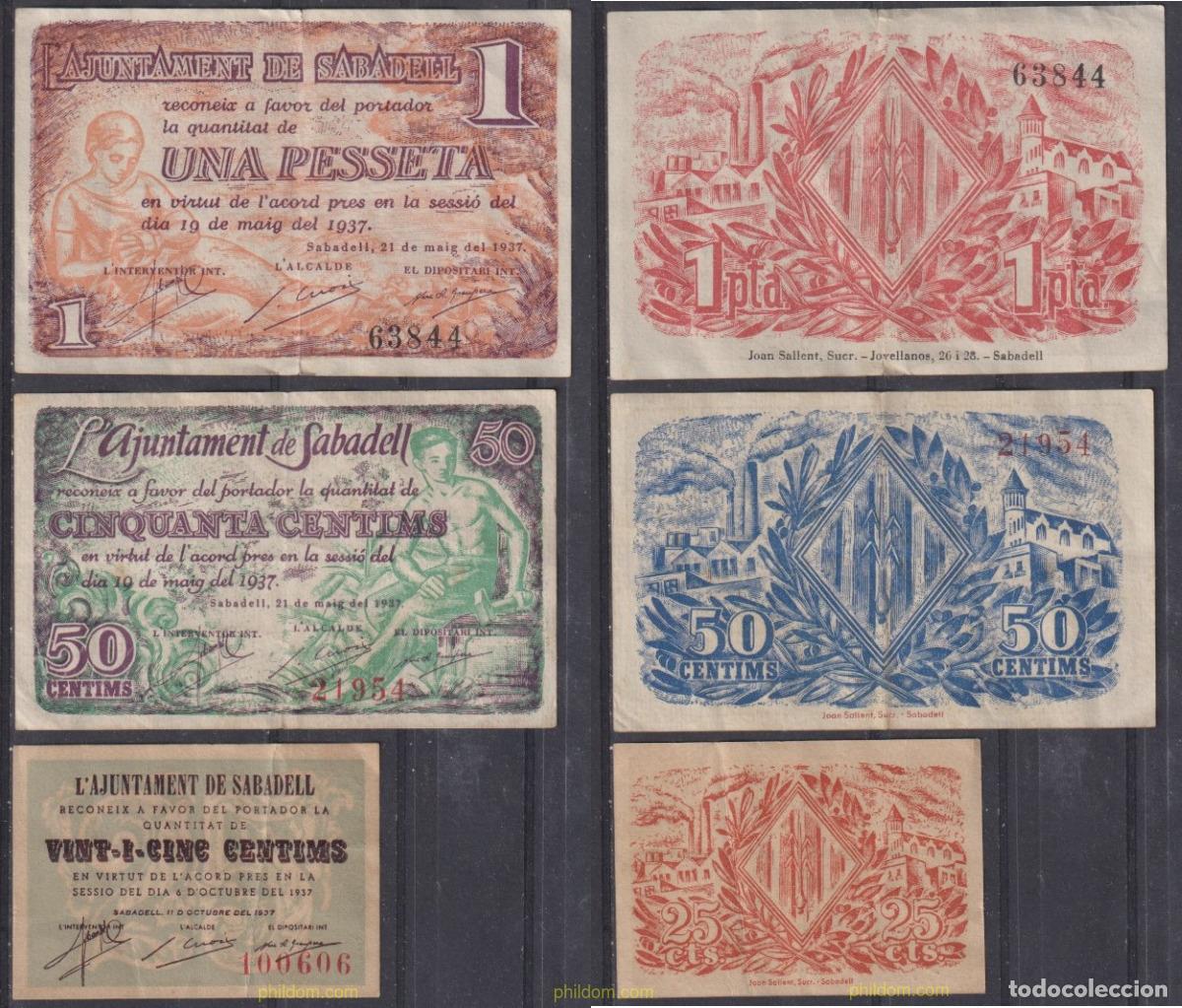 Billetes locales: 1070 ESPA&Ntilde;A. Emisiones locales republicanas 1937 AJUNTAMENT SABADELL 1 PESETA, 50 CENTMS 25 CENTIM