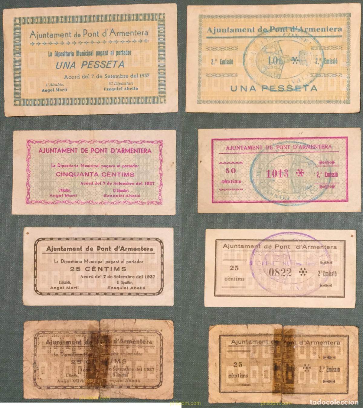 Billetes locales: 1119 ESPA&Ntilde;A. Emisiones locales republicanas 1937 AJUNTAMENT D'ARMENTERA 1 PTAS 50 CTS 25 CTS + 25