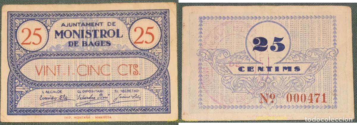 Billetes locales: 1111 ESPA&Ntilde;A. Emisiones locales republicanas 1937 AJUNTAMENT MONISTROL DE BAGES 25 CENTIMS 1937