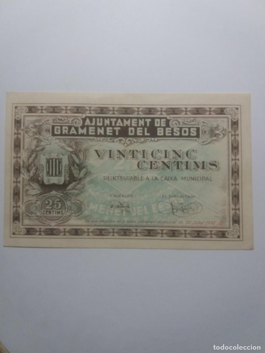 Billetes locales: Billete 25 C&egrave;ntims Ajuntament GRAMANET del BESOS 30 Juliol 1937