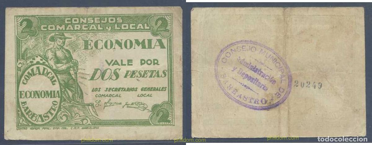 Banconote locali: 7923 ESPA&Ntilde;A. Emisiones locales republicanas 1937 CONSEJO COMARCAL Y LOCAL DE BARBASTRO 2 PESETAS P