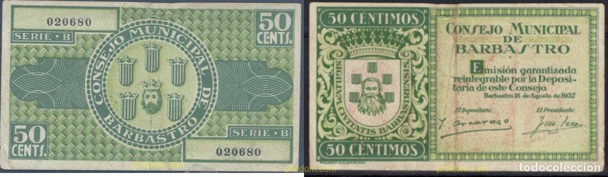 Banconote locali: 7926 ESPA&Ntilde;A. Emisiones locales republicanas 1937 CONSEJO MUNICIPAL DE BARBASTRO 50 CENTIMOS PESETA