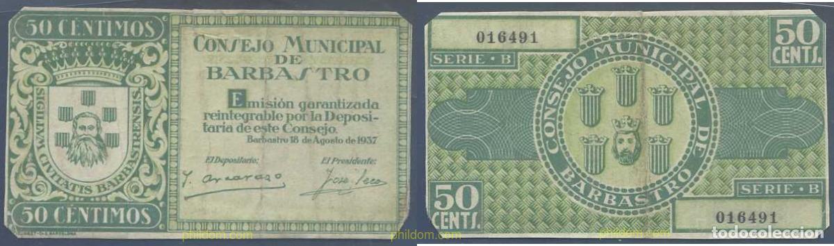 Billetes locales: 7927 ESPA&Ntilde;A. Emisiones locales republicanas 1937 CONSEJO MUNICIPAL DE BARBASTRO 50 CENTIMOS PESETA