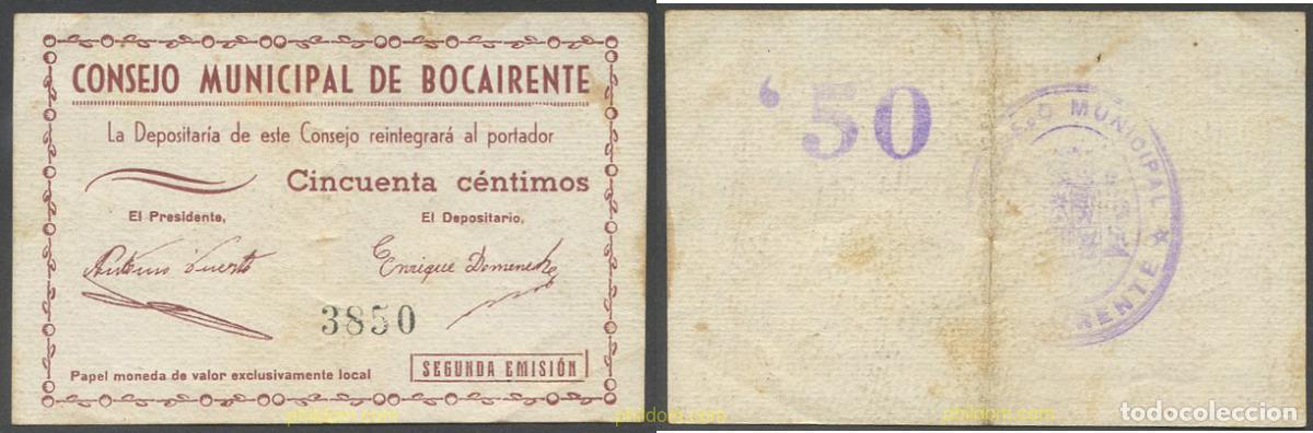 Billetes locales: 7966 ESPA&Ntilde;A. Emisiones locales republicanas 1937 CONSEJO MUNICIPAL DE BOCAIRENTE 50 CENTIMOS 1937