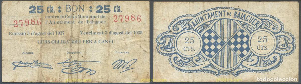 Billetes locales: 7972 ESPA&Ntilde;A. Emisiones locales republicanas 1937 AJUNTAMENT DE BALAGUER 25 CENTIMS 1937
