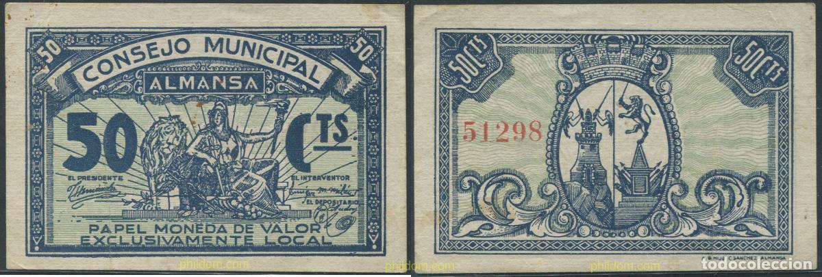 Billetes locales: 8040 ESPA&Ntilde;A. Emisiones locales republicanas 1937 CONSEJO MUNICIPAL ALMANSA 1937 50 CENTIMOS