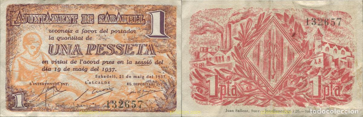 Billetes locales: 8132 ESPA&Ntilde;A. Emisiones locales republicanas 2022 AJUNTAMENT DE SABADELL 1 PESETA 1937