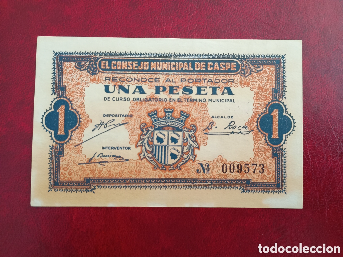 Billetes locales: ESPA&Ntilde;A 1937 - CONSEJO MUNICIPAL DE CASPE (ZARAGOZA) 1 PESETA - GUERRA CIVIL - BILLETE ORIGINAL NUEVO