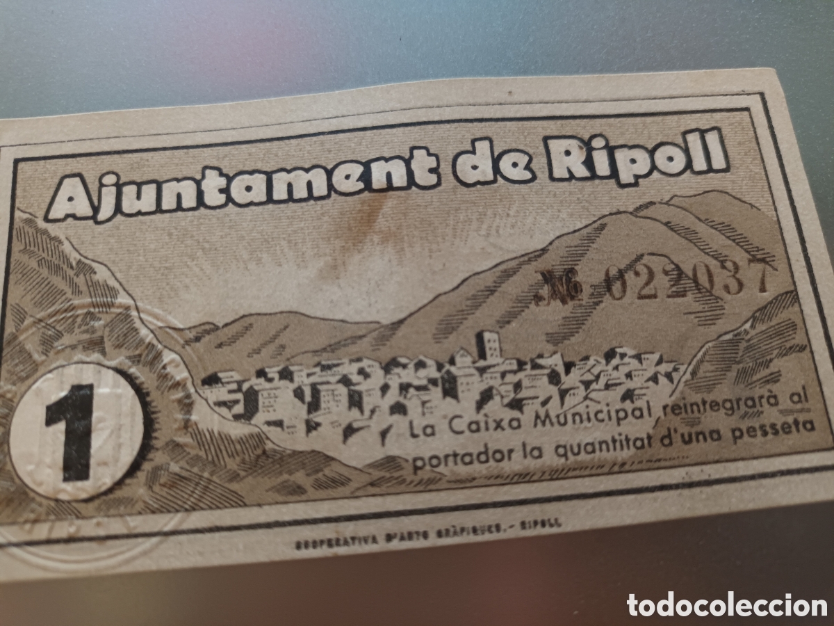 Billetes locales: BILLETE LOCAL DE 1 PESETA AJUNTAMENT DE RIPOLL A&Ntilde;O 1937