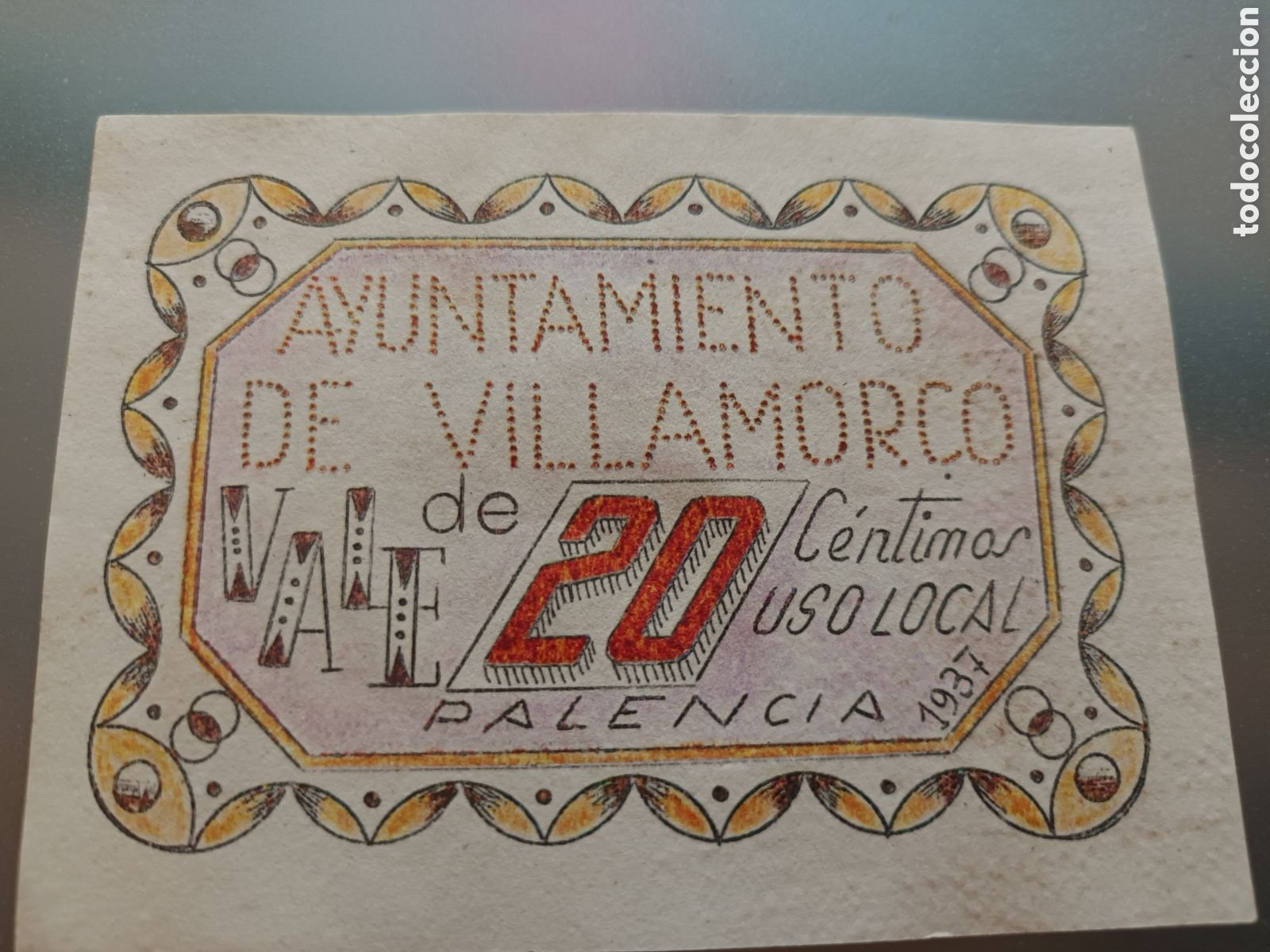 Billetes locales: BILLETE LOCAL AYUNTAMIENTO DE VILLAMORCO ( PALENCIA ) 20 C&Eacute;NTIMOS A&Ntilde;O 1937