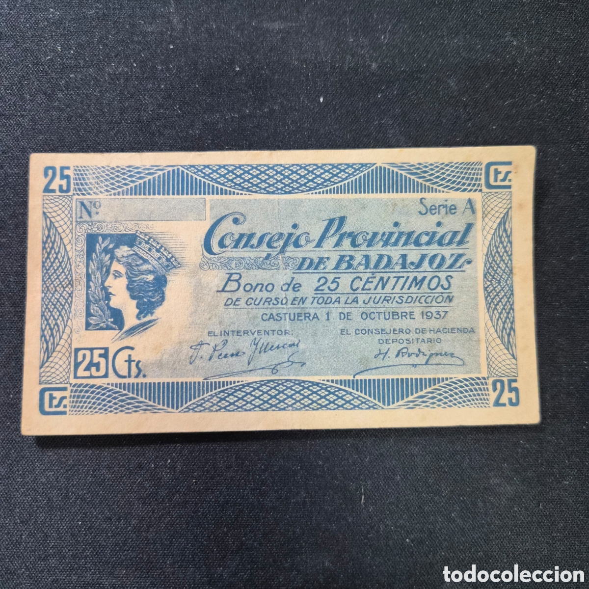 Billetes locales: Billete Local Guerra Civil Espa&ntilde;ola &ndash; 25 C&eacute;ntimos Consejo Provincial de Badajoz (1937)