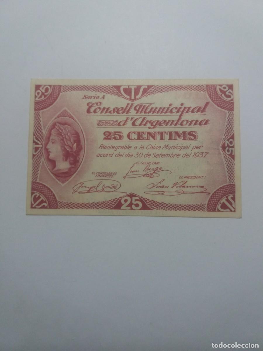 Billetes locales: Billete 25 C&egrave;ntims Consell Municipal ARGENTONA 30 Setembre 1937