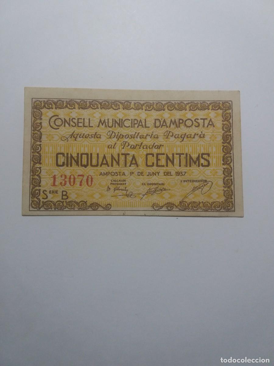 Billetes locales: Billete 50 C&egrave;ntims Consell Municipal AMPOSTA 1er. Juny 1937