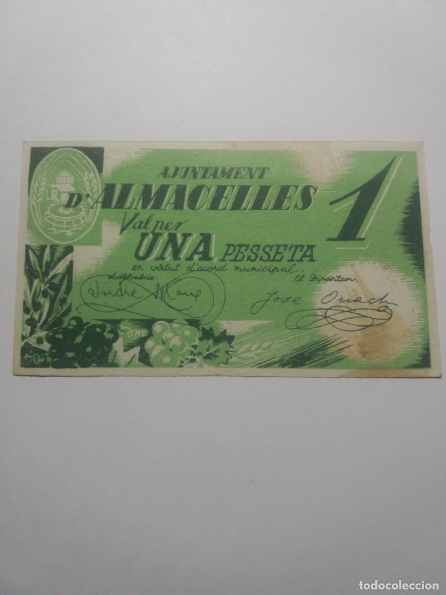 Billetes locales: Billete 1 Pesseta Ajuntament ALMACELLES Octubre 1937