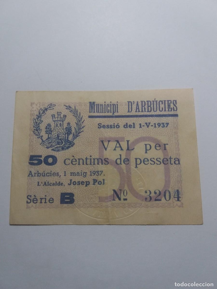 Billetes locales: Billete 50 C&egrave;ntims Municipi ARBUCIES 1 Maig 1937