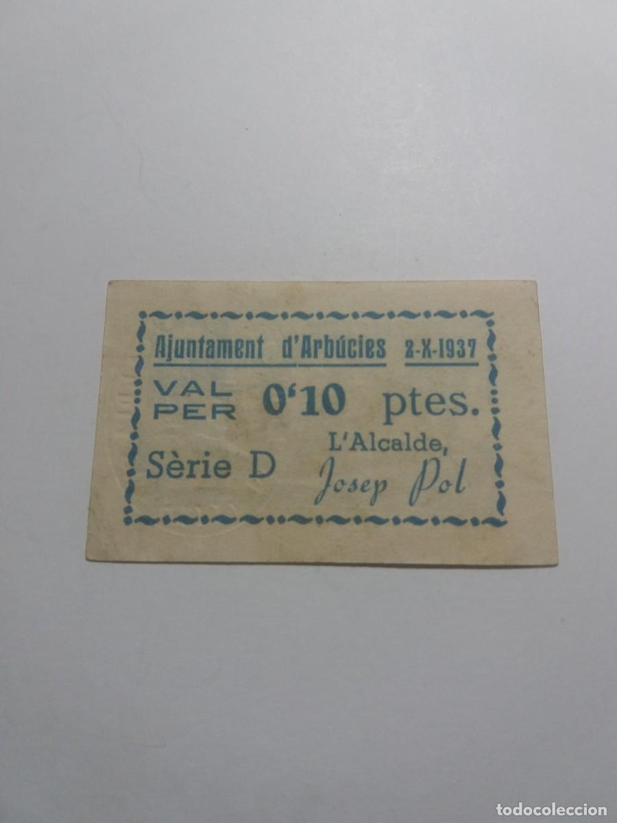 Billetes locales: Billete O,10 Pessetes Ajuntament ARBUCIES 2-X-1937