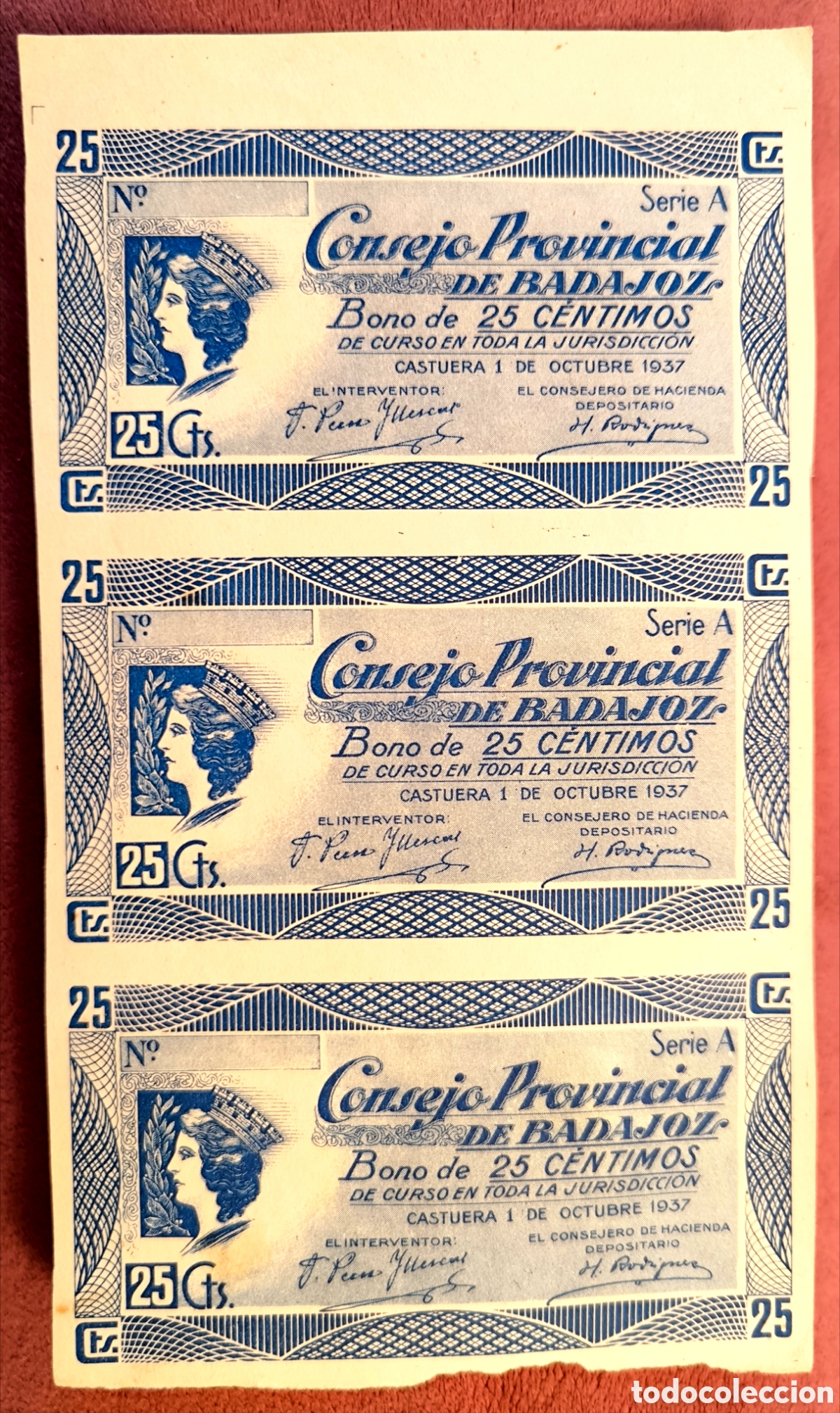 Billetes locales: 3 BILLETES BADAJOZ GUERRA CIVIL ESPA&Ntilde;OLA