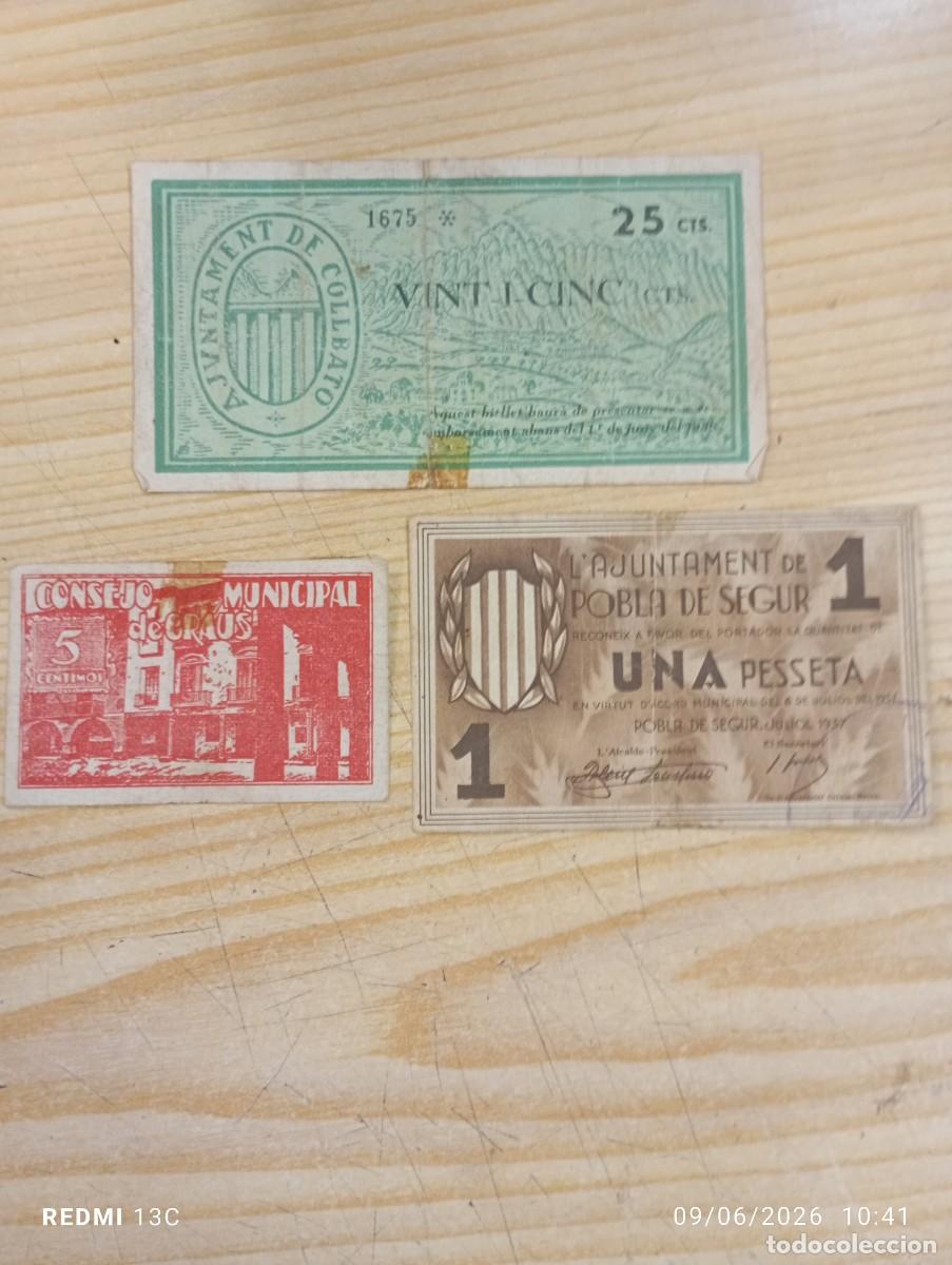 Billetes locales: Lote 3 billetes locales Guerra civil - Collbato - Graus - Pobla de segur