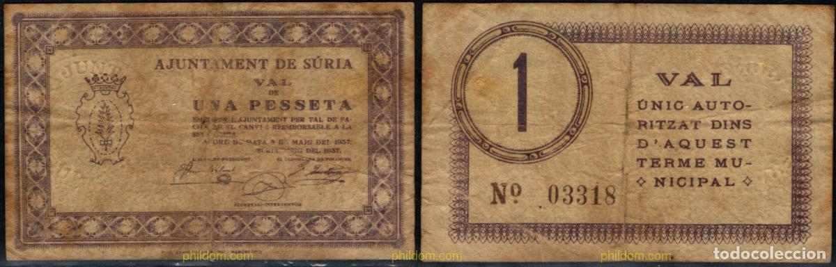 Billetes locales: 10246 ESPA&Ntilde;A. Emisiones locales republicanas 1937 AJUNTAMENT DE SURIA 1 PESETA 1937