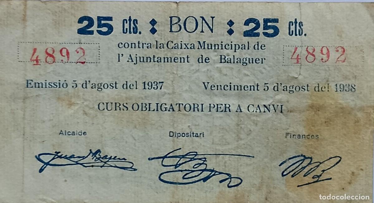 Lokale Banknoten: BILLETE LOCAL DE 25 CENTIMOS BALAGUER 1937 GUERRA CIVIL