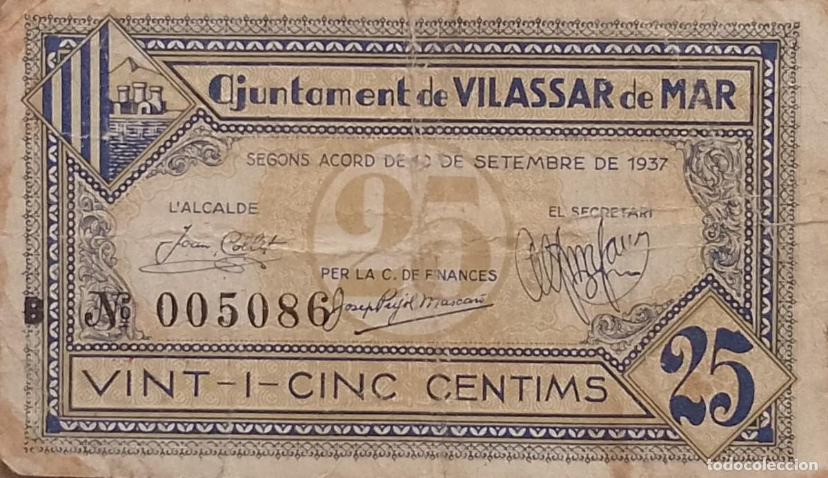 Billetes locales: BILLETE LOCAL DE 25 CENTIMOS VILASAR DE MAR 1937 GUERRA CIVIL