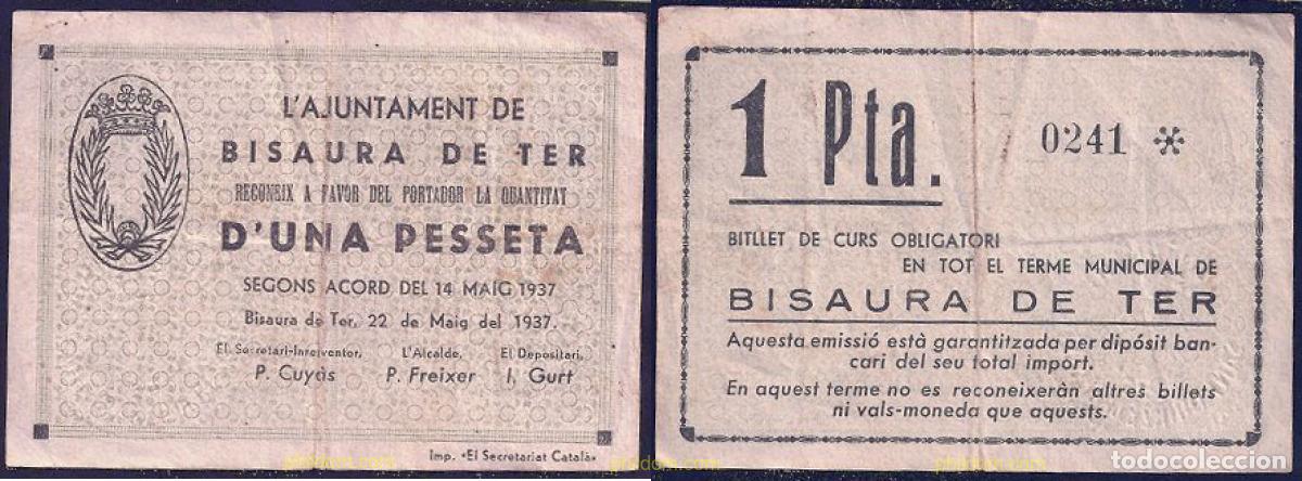 Billetes locales: 236 ESPA&Ntilde;A. Emisiones locales republicanas 1937 AJUNTAMENT DE BISAURA DE TER