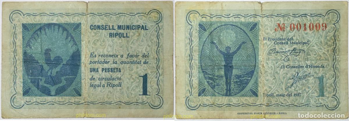 Billetes locales: 425 ESPA&Ntilde;A. Emisiones locales republicanas 1937 AJUNTAMENT DE RIPOLL. 1 Peseta