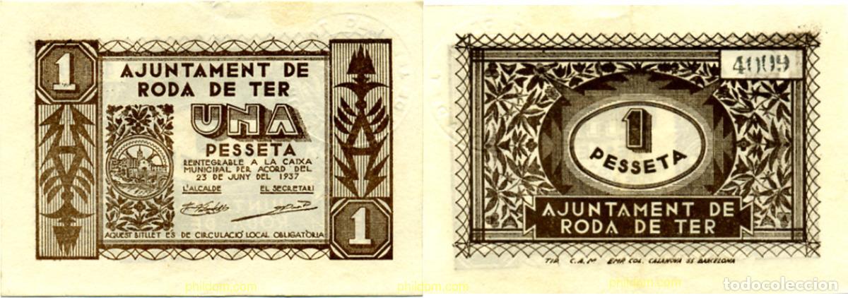 Billetes locales: 614 ESPA&Ntilde;A. Emisiones locales republicanas 1937 AJUNTAMENT RODA DE TER 1 PESETA 1937