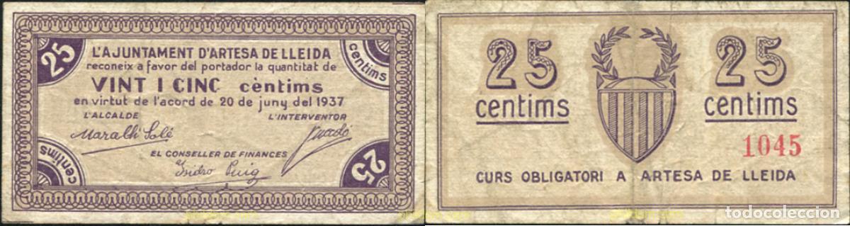 Billetes locales: 841 ESPA&Ntilde;A. Emisiones locales republicanas 1937 25 CENTIMOS AJUNTAMENT ARTESA DE LLEIDA